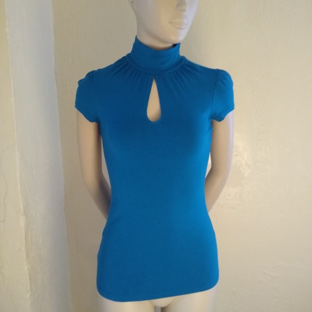 Express Teal Key Hole, Mock Neck, Cap Sleeve; XS